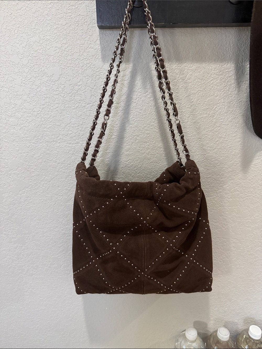 Brown Quilted Stud-Accent Shoulder Bag- suede